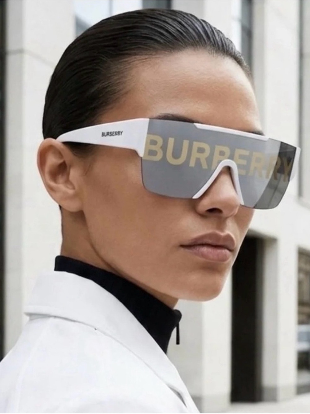 Burberry BE4291 White Frame Shield Sunglasses with Grey Lens and Gold Logo